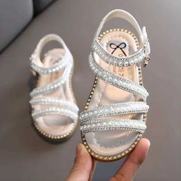 Sandals Girls Sandals Summer Fashion Childrens Baby Girls Sparkling Rhinestone Princess Little Girls Shoes Single Sandals Y240515