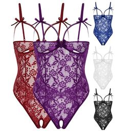 Wome Sexy Midnight Open-cut Floral Lace and Mesh Teddy Bodysuits with Back Cut-out Sleepwear Lingerie Teddies S-XXL Multicolors Nightdress