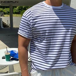 Men's T Shirts Stylish Well Fitting Tops INCERUN O-neck Striped Shoulder Loose T-shirts Casual Male Elastic Short Sleeved Camiseta S-5XL