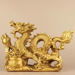 Decorative Figurines 9"Tibet Temple Collection Old Brass Chinese Dragon Treasure Bowl Ornaments Amass Wealth Town House Exorcism