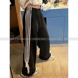 Women's Pants 2024 Summer Casual Sports Sweatpants Female High Waist Splicing Lace Striped Bow Straight Wide Leg Trousers