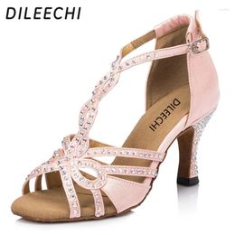 Dance Shoes DILEECHI Pink Satin Latin Rhinestones Female Soft Outsole Ballroom Dancing Adult Sneakers For Women 7.5cm