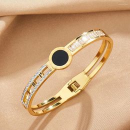 Bangle Fashion Roman Numerals Black Disc For Women Stainless Steel Gold Plated Inlaid Zircon Crystal Men Spring Buckle Bracelets