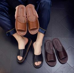 Slippers Large size real cow leather slider indoor slider house summer open toe sandals womens casual slider shoes Q240515