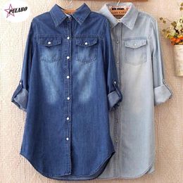 Women's Blouses PULABO Summer Female Denim Long Shirts Feminina Women Casual Cotton Jean Blouse 'S Tops Turn -Down Pockets Light Blue