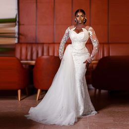 African Women Mermaid Wedding Dresses V Neck Appliques Sequins Long Sleeves Lace Bridal Dresss Spriing Summer vestidos de novia