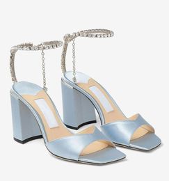 Favourite Bridal Women Saeda Sandals Shoes Crystal Chain Square Toe High Heels Footwear Sandalias Chunky Heels Lady Elegant Walking EU35-43