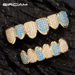 Iced Out Micro Paved CZ Blue Teeth Set High Quality AAA Cubic Zircon Top Bottom Grills Rapper Dental Jewellery 240428