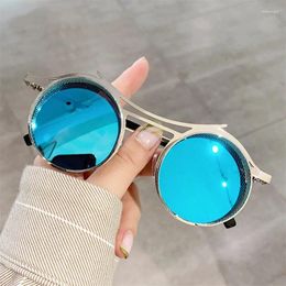 Sunglasses Vintage Steampunk Red Men Round Punk Alloy Metal Retro Sun Glasses Women 2024 Goggles Gothic Style Shades With Box