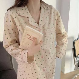 Sleep Lounge Cotton pajamas Korean pajamas Womens summer cute heart-shaped printed pajamas Long sleeved pajamas Womens set Negligee cardigan set d240516