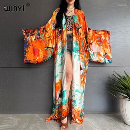 Summer Bohemian Print Beachwear Bikini Cover-ups Elegant Fashion Kimono Cardigan Sexy Long Sleeve Silk Feeling Loose Dress