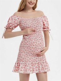 Maternity Dresses Maternity Summer Floral Print Smock Dress Sexy Square Neck / Shoulderless Mermaid Dress Pregnancy Party Clothes For Photoshoot Y240516