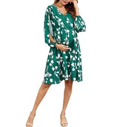 Maternity Dresses Flower Breastfeeding Dresses Maternity Clothes for Pregnant Women Clothing Solid V-neck Pregnancy Dresses Y240516