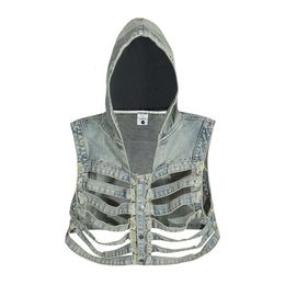 Dark hollowed out skeleton hooded denim for men's workwear, vest, ins trendy and handsome short sleeveless vest M516 89