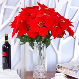 Decorative Flowers 5/7 Heads Artificial Christmas Flower Simulated Big Red Wedding Bridal Bouquet Fake For Xmas 2024 Year Decor
