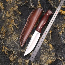 1Pcs New High Quality Survival Straight Knife 440C Satin/Laser Pattern Drop Point Blade Full Tang Wood Handle Outdoor Fixed Blade Hunting Knives With Leather Sheath
