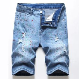 Mens tear straight denim shorts graffiti jeans fashion spray Personalised hole shorts mens hip-hop street clothes 240516