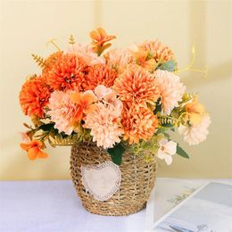 Decorative Flowers 5 Head Ball Chrysanthemum Silk Artificial Pink Wedding Home Fake Flower Bouquet Living Room Decoration