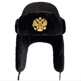 new Men Russian national emblem Lei Feng Winter Hat Aviator Outdoor Ear Flaps Bomber Cap Russian Hats