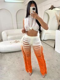 Women's Two Piece Pants TPJB Sexy Sleeveless Crop Tops Tie Dye Trapezoid Tassel Knit Matching Set Summer Beach Tracksuits Sets