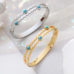 Bangle Fashion Stainless Steel Bracelet Women Double Layer Love Heart Bangles Blue Turquoise Inlaid Wristband Accessories Jewellery