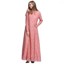 Party Dresses Gorgeous Pink Muslim Dress Lace 2024 Prom Round Neck Arabic Evening Gowns Long Sleeves Wedding Arrival