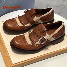 Dress Shoes Patchwork Brown Tassel Pumps Est 2024 Round Toe Chunky Heels Buckle Fringe Women's Loafer Shallow Genuine Leather Sexy