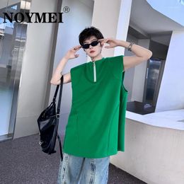 Men's Tank Tops NOYMEI Solid Colour Chic Round Neck Zipper Structure Design Loose Top High Street Shoulder Pads Male Waistcoat WA4501