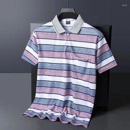 Men's Polos Male Summer Loose Simplicity Buttons Striped Pocket Square Collar Short Sleeve T-Shirt Top Tee Business Casual Pullover Thin Men