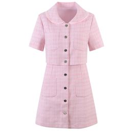 Summer Pink Plaid Panelled Dress Short Sleeve Lapel Neck Buttons Short Casual Dresses Y4W09224001