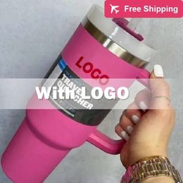 Ready to Ship 40oz Hot Pink Tumblers Cups Mugs with Handle Insulated Lids Straw Stainless Steel C stanliness standliness stanleiness standleiness staneliness P8YW