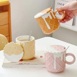 Mugs Ceramic Water Cup Cute Couple Mug Girl's Creative Design Sense Breakfast With Lid And Spoon For Home Use