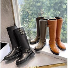 Designer di alta qualità Bulky Triomhpe Boots Women Boots Stivali caviglia Stivali Knight Boots Fashion Vintage Calfskin Anti Slip Ladies Lampestre