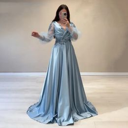 2024 Sky Blue Arabic Aso Ebi Evening Dresses A Line Puffy Sleeve Beaded V Neck Satin Women Formal Prom Gowns Night Party Robe De Soiree