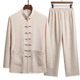 Ethnic Clothing Men Tang Suit Long-Sleeved Chinese Style Buckle Stand-Collar Shirt Solid Color Linen 2024