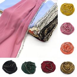 Ethnic Clothing Malaysia Women Chiffon Hijab Muslim Shawl Islamic Scarves Party Headwraps Fashion Beaded Turban Solid Colour Long Scarf