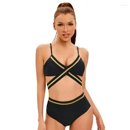 Women's Swimwear Black Gold High Waist Swimsuit 2024 Women Two-Piece V-neck Bikini Sexy Suspender Backless Summer Beach Bathing Suit