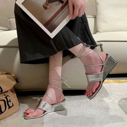 Sandals Shoes for Women 2024 Summer Slippers Wedges Woman Medium Heel Flip Flop Silver Elegant Party Stripper Ankle Strap New In H240516