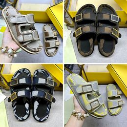 Couples Designer Slippers Printed Canvas Women Flat Slides Comfort Mule Men Double Strap Summer Beach Sandals Metall Buckles Casual Shoes Open Toe Outdoors Slipper