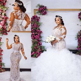 Plus Size Arabic Mermaid Wedding Dresses With Detachable Train Long Sleeves Lace-Up Corset Beaded African Bridal Gowns Sweep