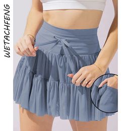 Sexy High Waist Pleated Skirt Safety Pants Lace-up Pockets Shorts Women Clothing Fashion Sping Summer Blue Dance Mini Skirt 240516