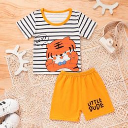 Clothing Sets Baby Boy Summer Casual Short Sleeved Round Neck Striped Cartoon Animal Print T-Shirt Top And Shorts Two-Piece Set