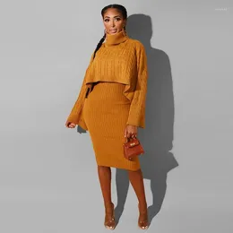 Work Dresses Spring Autumn Women Two Piece Sets High Neck Knitted Pullover Cloak Sweater & Spaghetti Strap Bodycon Dress Chic Suit
