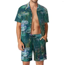 Men's Tracksuits Painting Print Men Sets Water Lilies Monet Vintage Casual Shirt Set Short Sleeve Pattern Shorts Summer Vacation Suit Big