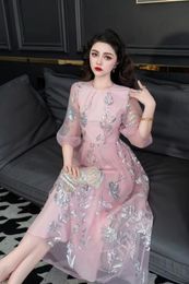 Europe and the United States women's 2024 summer new Round neck Seven-quarter sleeve pink mesh heavy sequins pleated dress XXL