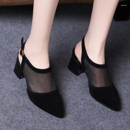 Dress Shoes 2024 Women's Buckle Pumps Summer Closed Toe Breathable Mesh Office High Heel Pump Women Solid Chunky Heels