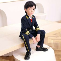 Flower Boys Pilot Uniform Suit Kids Formal Jakcet Pants Tuxedo Wedding Dress Children Birhtday Photograph Teenger Stage Costume