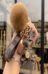 Leather Plaid Bear Keychains High Quality Tassel Hair Ball Pendant Trendy Fashion Car Keyshain Lanyards3996027