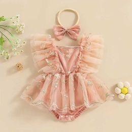 Girl's Dresses Cute Infant Baby Girls Romper Dress Fly Sleeve Square-Neck Lace Floral Embroidery Tulle Jumpsuit with Bow Headband Summer Outfit
