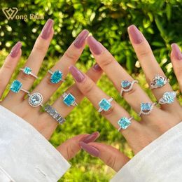 Cluster Rings Wong Rain Luxury 925 Sterling Silver Aquamarine High Carbon Diamond Gemstone Ring For Women Engagement Jewelry Wedding Gift